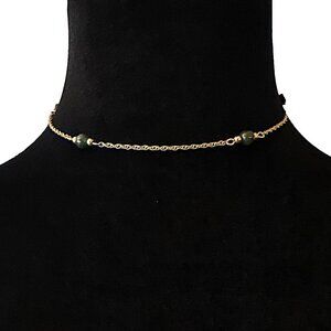 Choker Necklace Gold Tone Chain Green Stone Beads 15 Inch Length